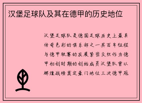 汉堡足球队及其在德甲的历史地位